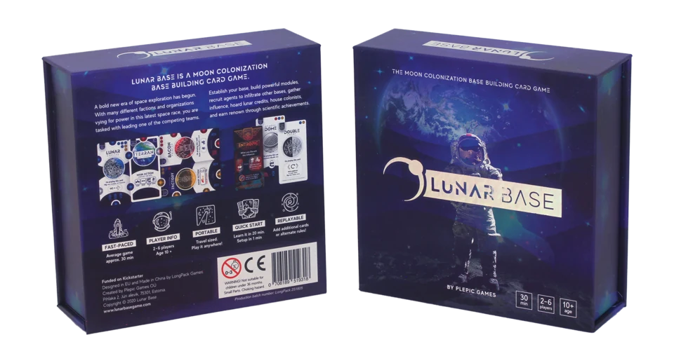 The front and back of the Lunar Base game box, showing the astronaut cover and the component and game summary on the reverse.
