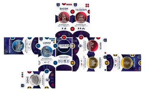A player's base laid out with a station and several module cards attached.
